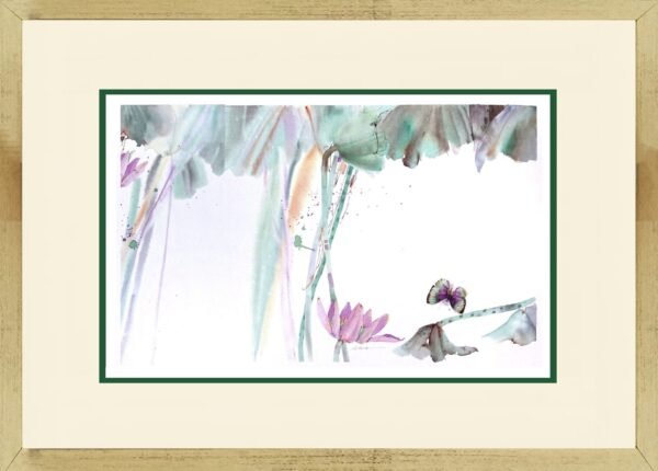 Watercolour Painting of Lotus Lily Flowers with Butterfly A